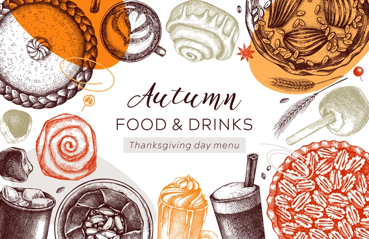 Autumn desserts banner in collage style. Thanksgiving dinner illustrations. Fall festival desserts, pies, cakes, drinks sketches. Sketched graphics fall food background. Thanksgiving table design